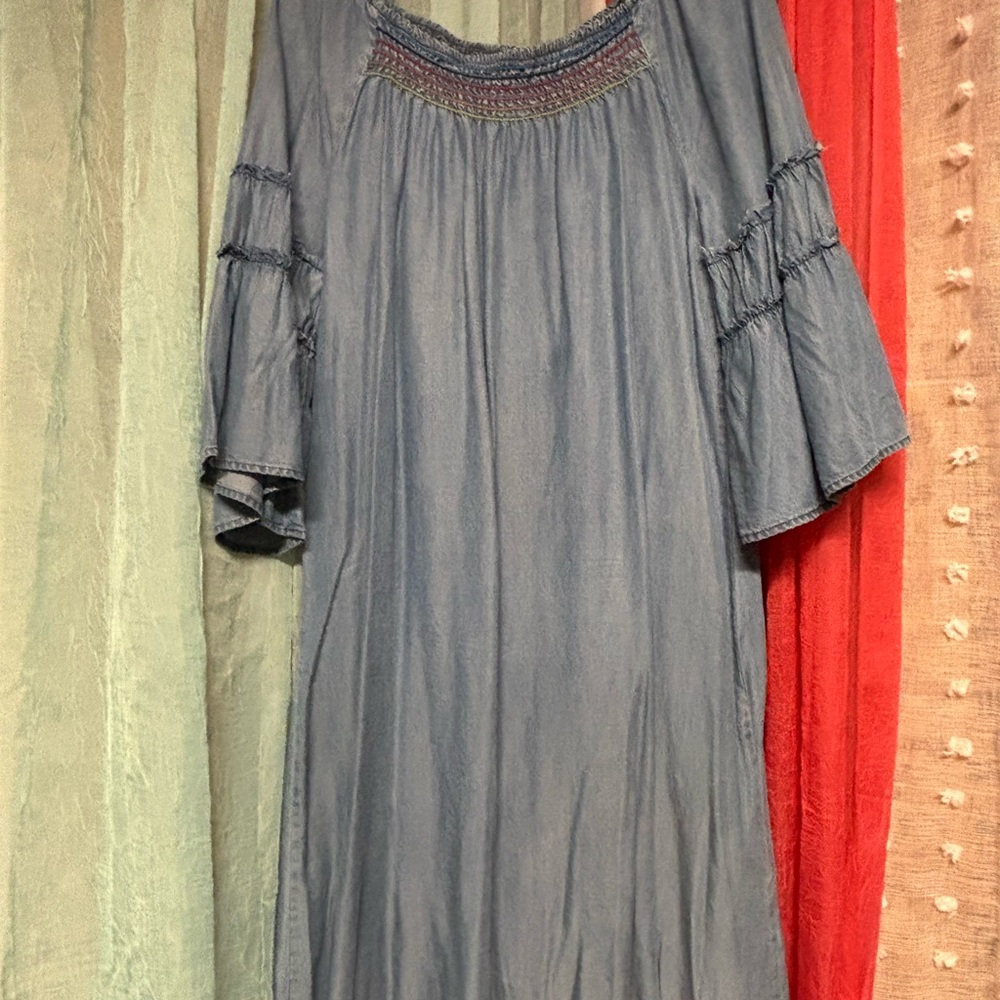 Blue Boho Dress with Bell Sleeves large